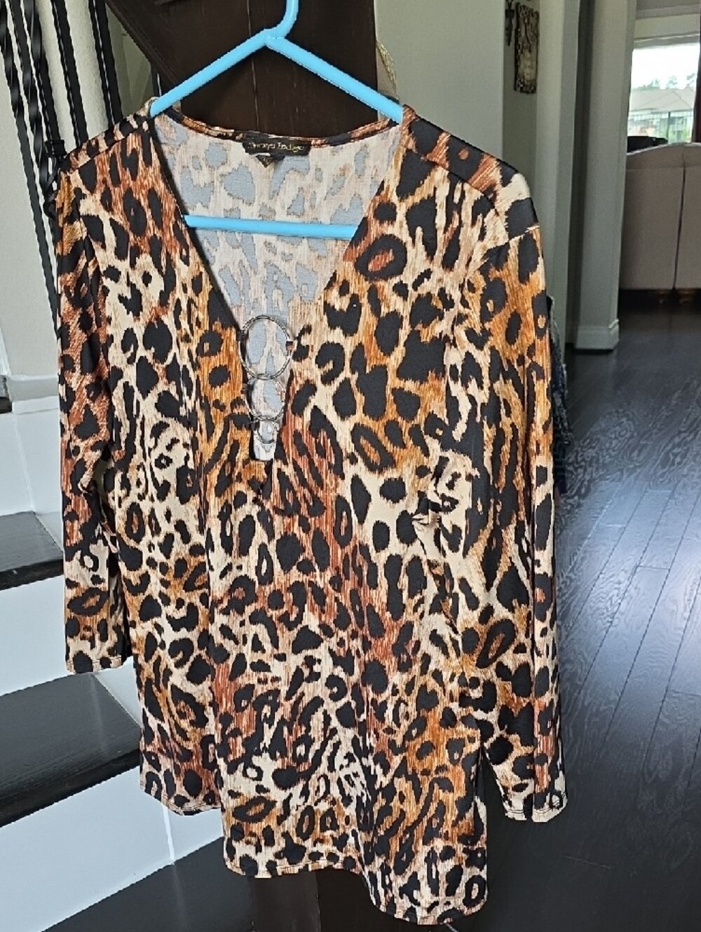 Women’s Leopard Print V-Neck Tunic with Ring Detail - Brown/Black - Picture 9 of 11